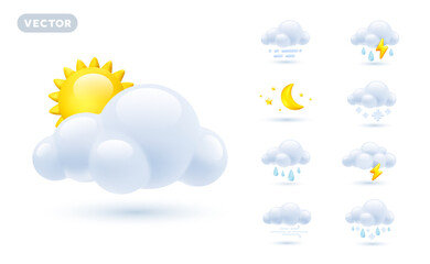 Vector illustration of different weather icon with sun, rain, half moon, thunder and snow cloud. 3d cartoon style forecast weather design of icon set of sun, rain drop, cloud, snow, crescent moon