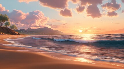 A serene beach at sunset with soft waves washing over the shore and the sky ablaze with color