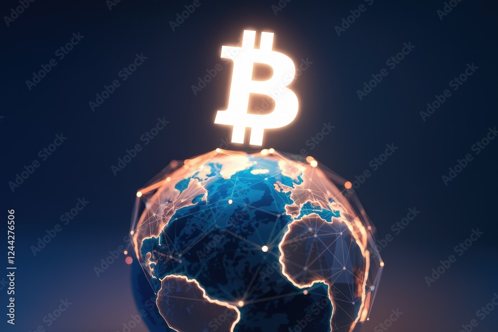 Poster global cryptocurrency network, bitcoin symbol shining above a digitally connected earth.