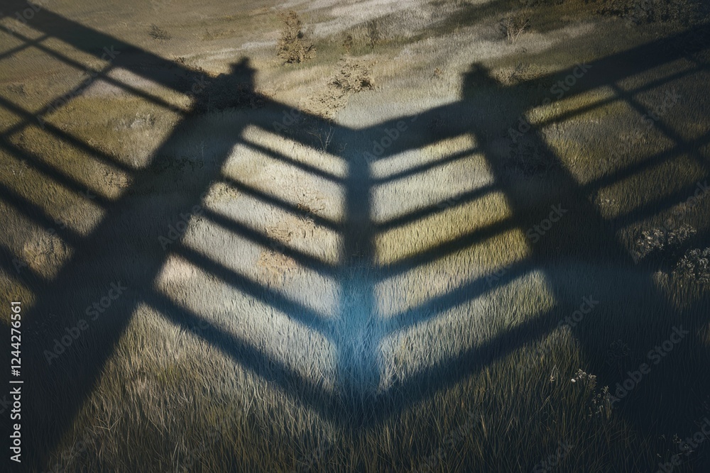 Aufkleber V-shaped shadow of a gate on grassy ground, creating a symmetrical and intriguing pattern.