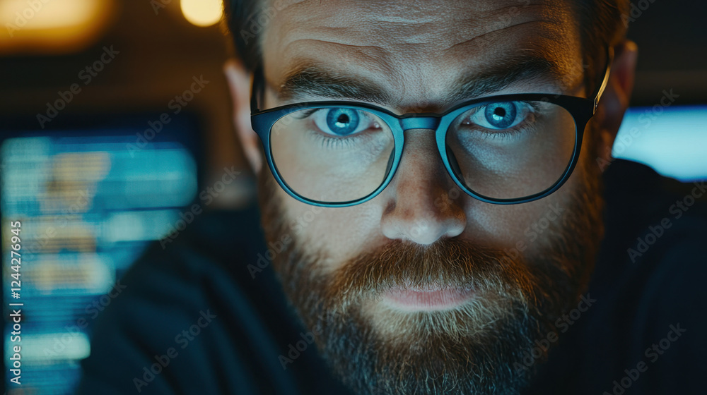 Poster close-up of an it professional intensely engaged in work, surrounded by screens displaying code and 