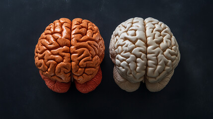 A top view of the human brain, illustrating both the left and right sides, emphasizing the distinct functions of each hemisphere.