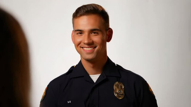 Confident police officer smiling during professional interview, wearing crisp uniform and maintaining strong eye contact in clean white studio environment