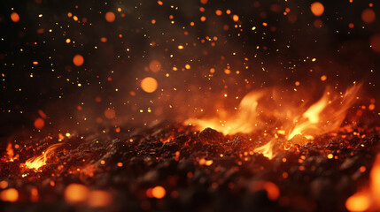 Fototapeta premium Bright flames flicker above glowing embers of burning wood charcoal, creating a warm and captivating atmosphere in this close-up view