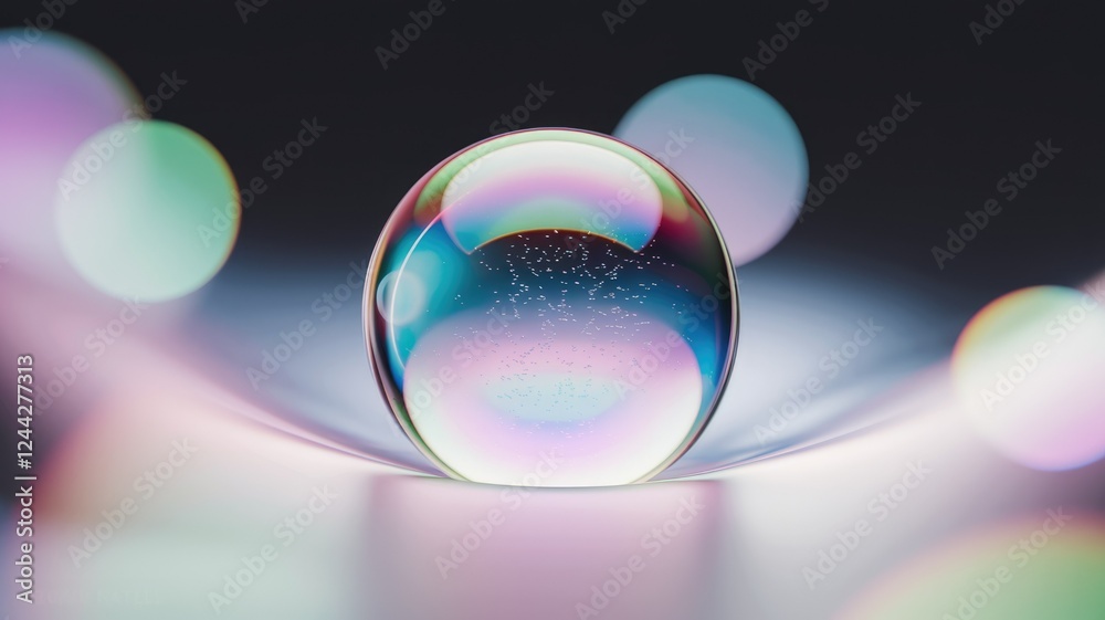 Poster a vibrant iridescent sphere rests on a reflective surface, surrounded by soft-focus bokeh lights.
