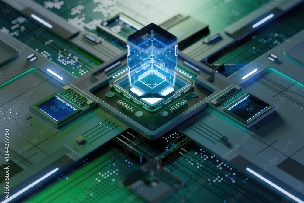 Fototapete Futuristic digital processor core glowing with data streams, showcasing advanced technology.