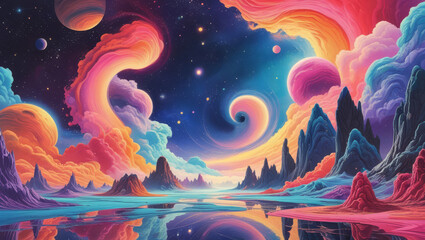 Obraz premium Fantastic digital landscape with colorful aurora sky and stone spires on a cosmic background 