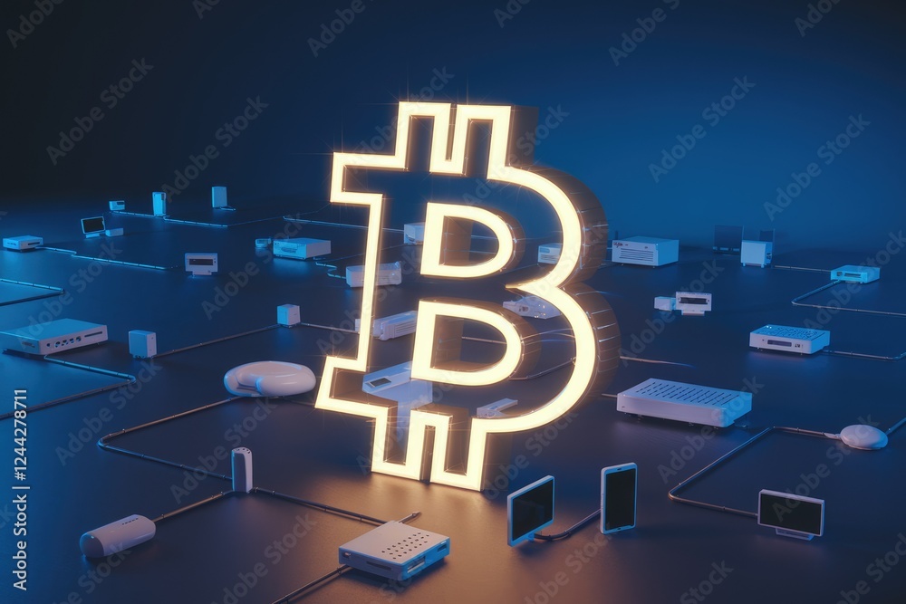 Poster Bitcoin's decentralized network visualized: a glowing Bitcoin symbol connected to numerous devices representing the vast peer-to-peer infrastructure.