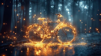 Creative bicycle shape formed by glowing stars in a mysterious forest at dusk