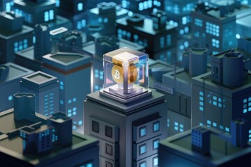 A Bitcoin sits atop a futuristic cityscape, symbolizing cryptocurrency's urban integration and potential.