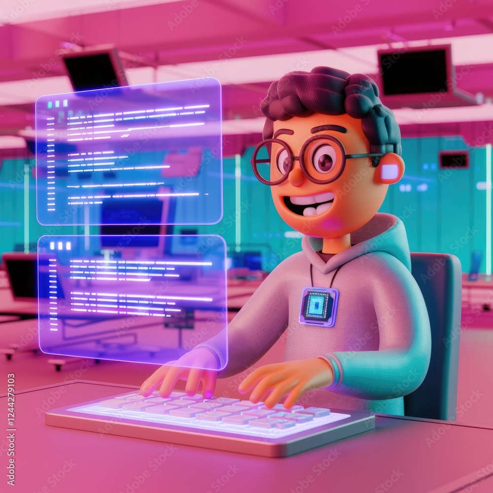 Poster A 3D cartoon programmer codes on a futuristic keyboard with glowing holographic code displays.