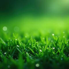 Fototapeta premium Crystalline dew drops clinging to emerald grass , environment, rural, green