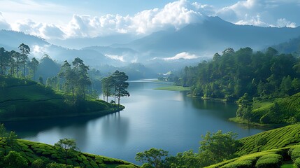 Obraz premium Serene sunrise over misty tea plantation lake