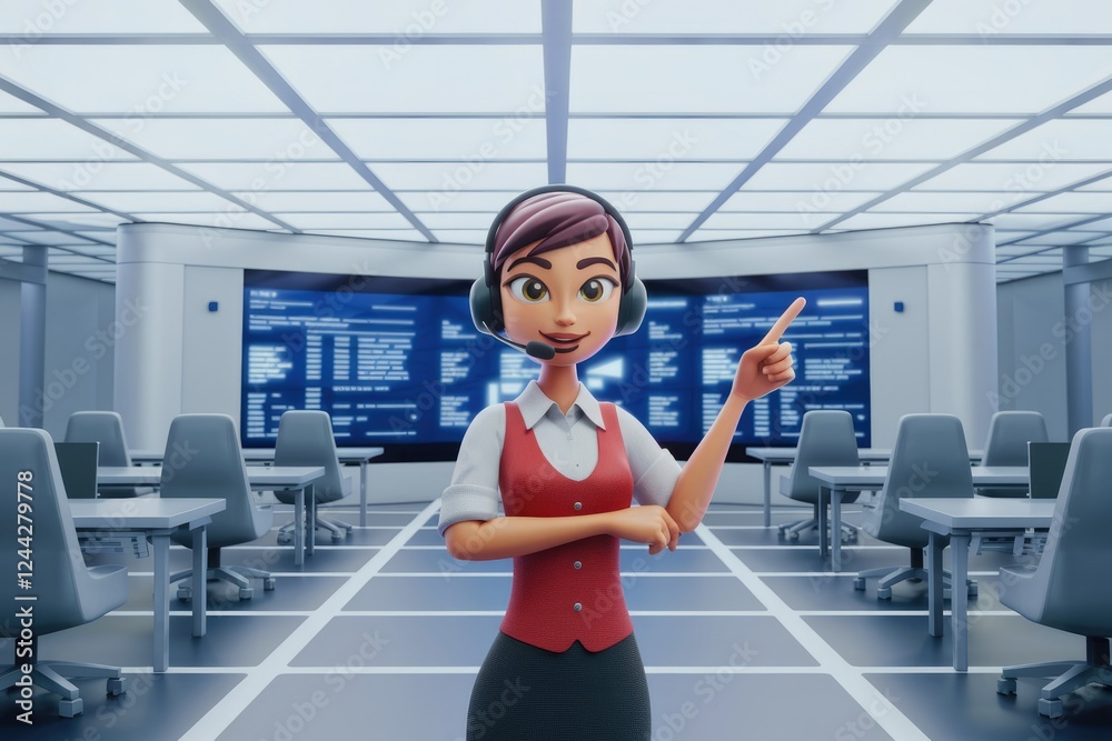 Poster A friendly cartoon customer service agent points to a large screen displaying data in a modern office.