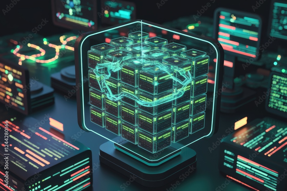 Poster A futuristic data cube visualization displays complex network pathways within a server cluster, showcasing intricate data flow and connections.