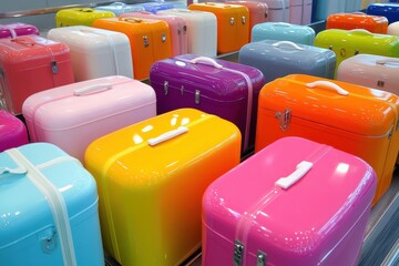 Colorful collection of vintage-style luggage cases on display in a vibrant market setting