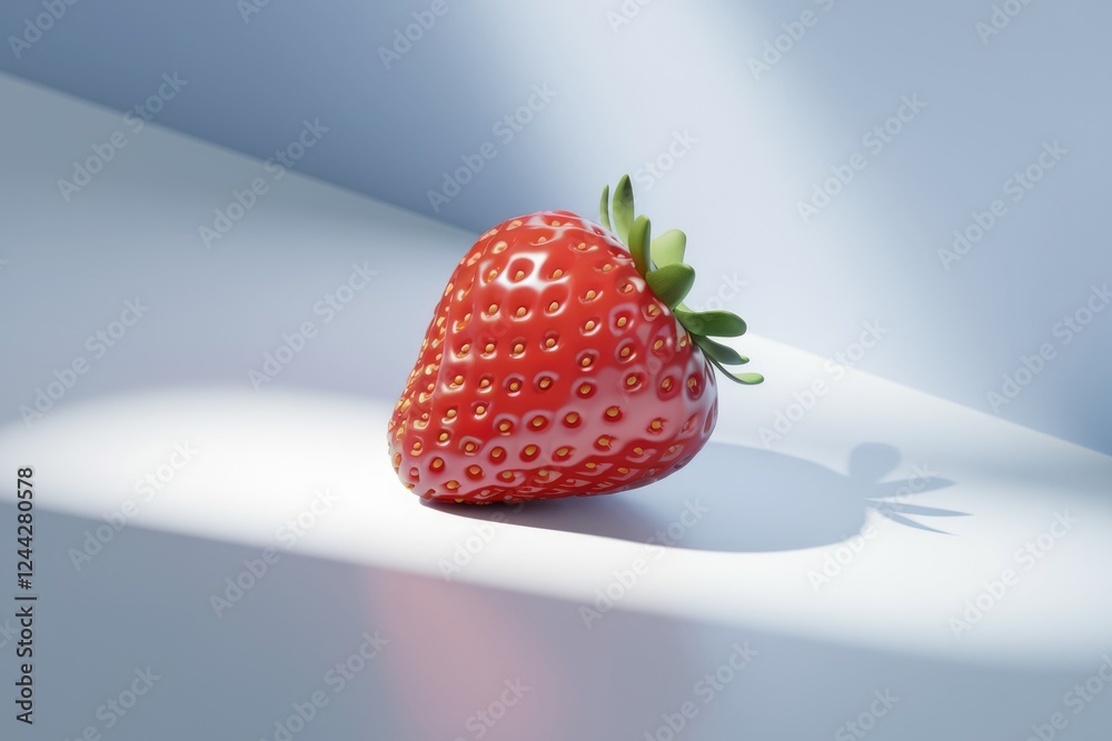 Poster a single, ripe strawberry rests on a light blue surface, illuminated by soft light.