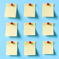 Arrangement of Yellow Sticky Notes with Red Pushpins on Blue Background