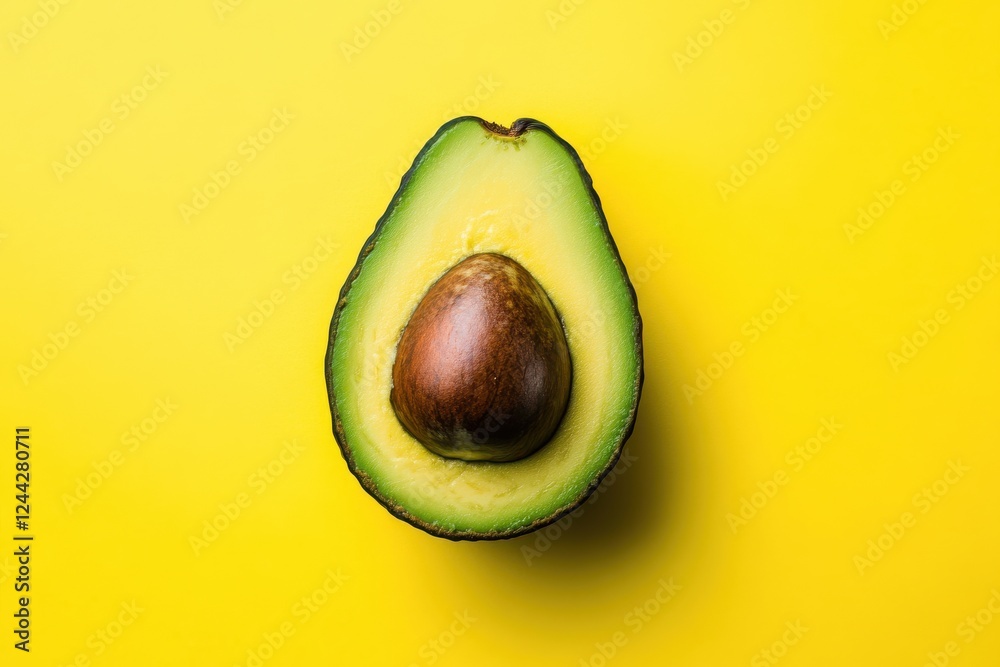 Aufkleber freshly cut avocado on bright yellow background displaying its smooth flesh and seed for culinary in