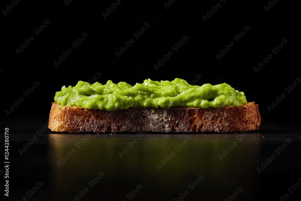 Poster deliciously creamy avocado spread on rustic bread set against a dark background