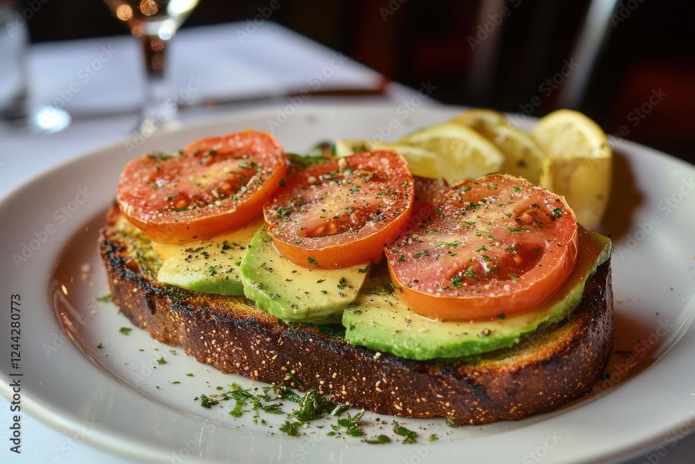 Poster sliced avocado and tomato on toasted bread served with lemon wedges at a cozy dining setting