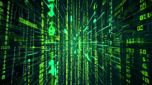 Green digital code tunnel, data stream, future tech background