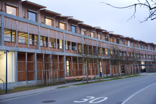 Wooden facade of children's hospital at Swiss City of Z&uuml;rich on a winter evening. Photo taken February 8th, 2025, Zurich, Switzerland.
