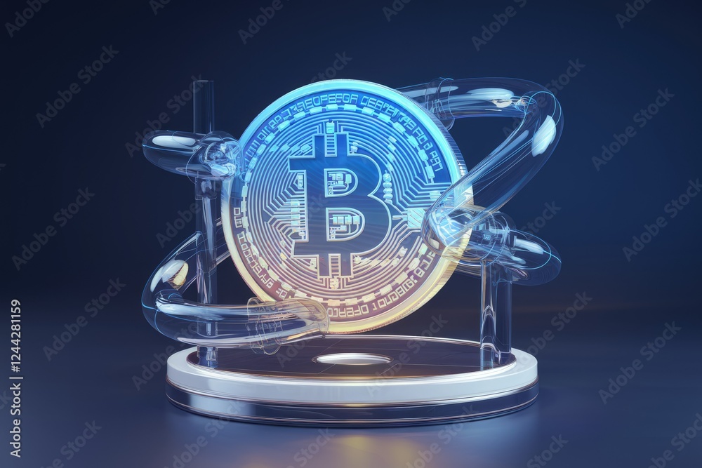 Poster a futuristic depiction of bitcoin flowing through a transparent system, symbolizing digital currency