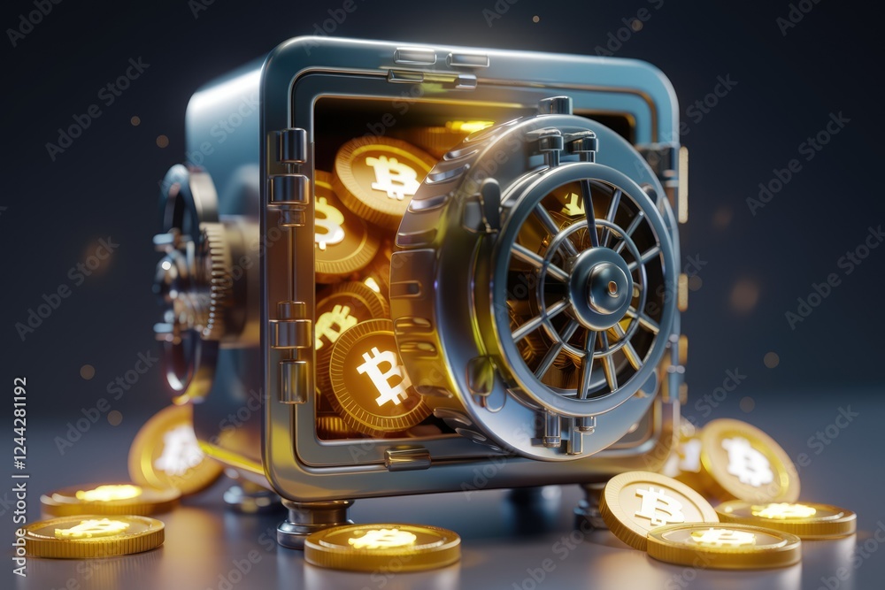 Poster a metallic safe overflowing with glowing bitcoin cryptocurrency coins, symbolizing digital asset sec