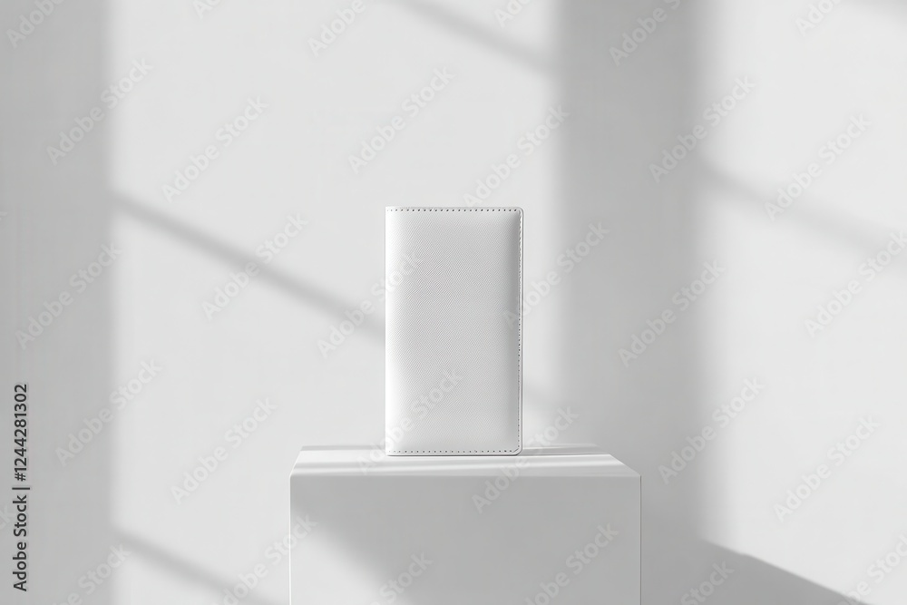 Poster Minimalist white wallet displayed on a pedestal with soft shadows highlighting its sleek design in a modern setting