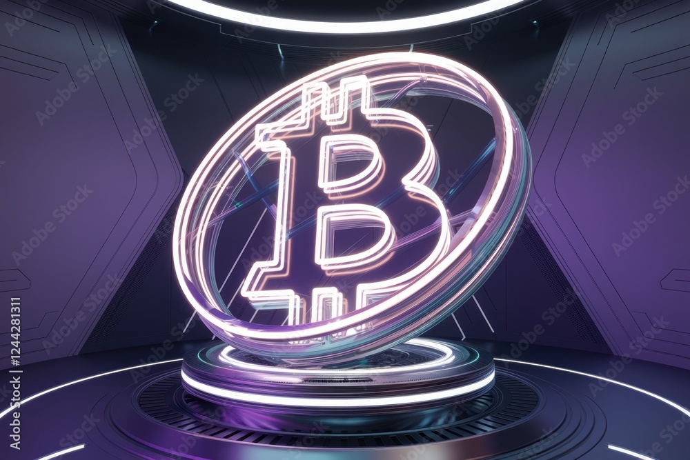 Poster neon bitcoin symbol displayed on a futuristic platform, symbolizing cryptocurrency's innovative and 