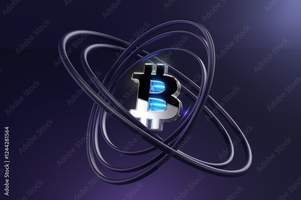Poster A 3D rendering of a Bitcoin symbol enclosed within interconnected rings, symbolizing cryptocurrency's global network.