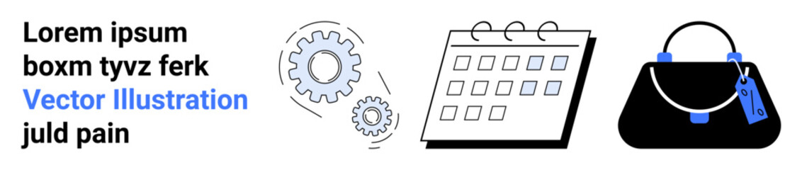 Gear and cogwheel symbolizing process, calendar for planning and time management, handbag emphasizing fashion and lifestyle. Ideal for productivity, organization, planning, fashion, lifestyle