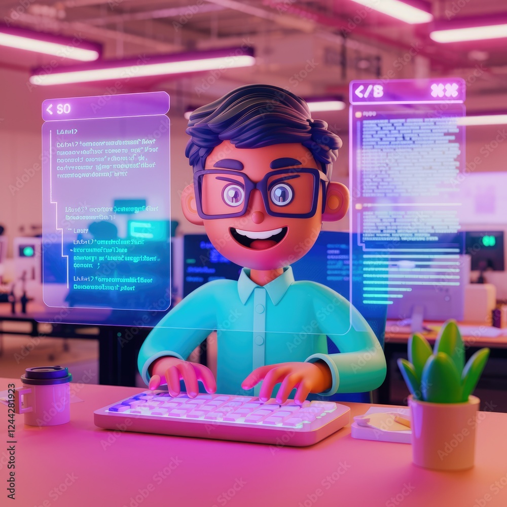 Poster A 3D cartoon programmer happily codes, surrounded by glowing screens displaying lines of code.