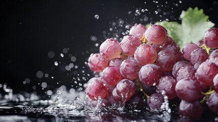 Bunch of red grapes with water droplets on a black background. Macro photography highlights the texture of the berries, their freshness, and rich color. Advertising mockup