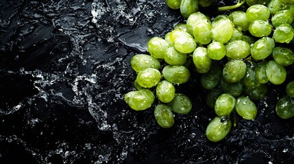 A juicy bunch of green grapes with water droplets on a black background. Macro photography captures the natural texture of the berries, their freshness, and the glossy moisture. Сopy space