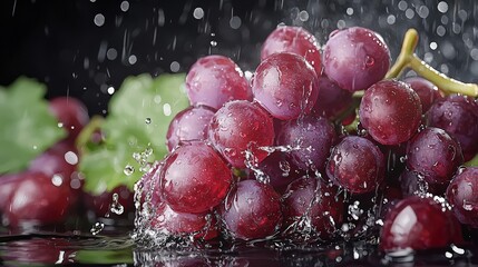 Juicy bunch of red grapes with water droplets on a black background. Macro photography highlights the texture of the berries, the shine of the droplets, and the natural freshness.