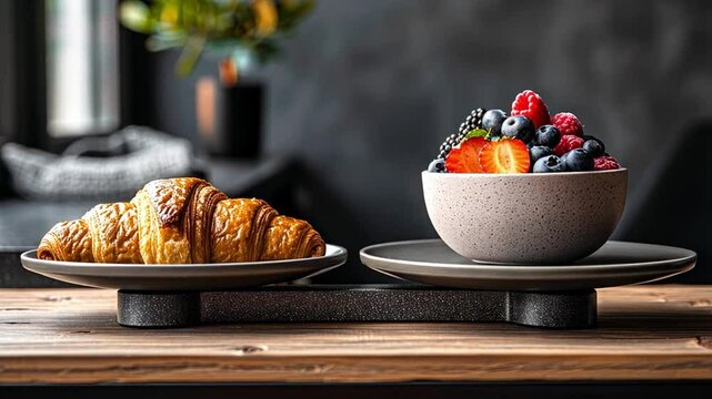 This delightful pair of breakfast items features a rich croissant and vibrant mixed berries.