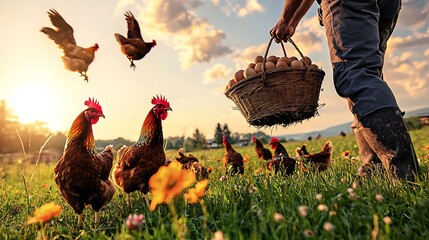 Farmer harvests eggs at sunset; chickens roam freely in a rural pasture