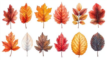 A collection of watercolor-painted autumn leaves in various colors and shapes.