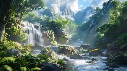 Fototapeta premium A serene mountain stream with water cascading over rocks, surrounded by ferns and moss