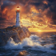 A majestic lighthouse towering on a rocky cliff overlooking the ocean waves under a clear blue sky on a sunny day a lighthouse on a rock in the ocean