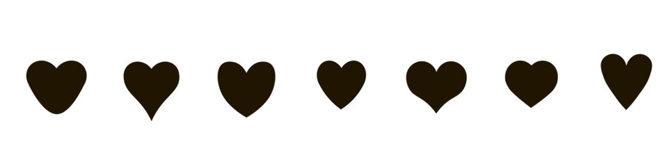 The heart badge is black. A feeling of love. Modern flat heart silhouette badge for design and decoration. Different shapes. Simple style. Vector image.