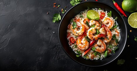 Shrimp cooked in spicy sauce served over rice with lime and herbs on a dark background