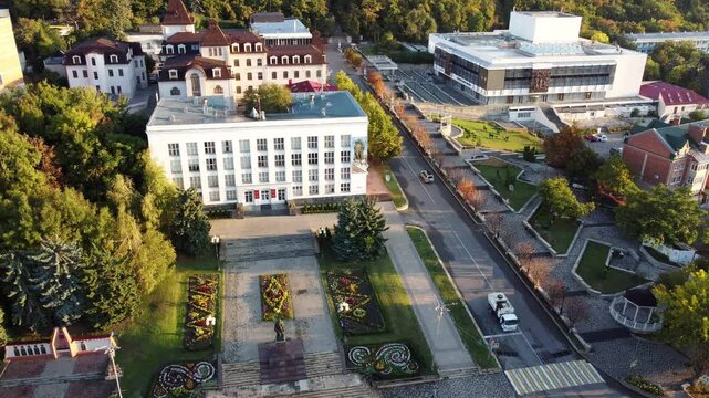 Russia, Stavropol Territory, Zheleznovodsk, September 20 2022. he building of the city administration Zheleznovodsk View from Vysya. Central entrance to the resort park and the House of Culture.