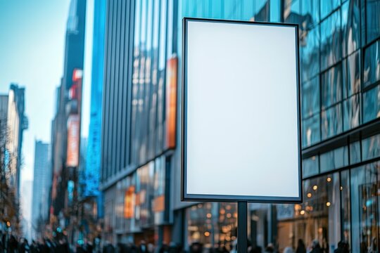 Digital billboard placed in a modern business district with glass skyscrapers and urban environment