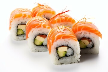 Delicious philadelphia uramaki sushi rolls garnished with sesame seeds and saffron threads, creating an enticing culinary scene