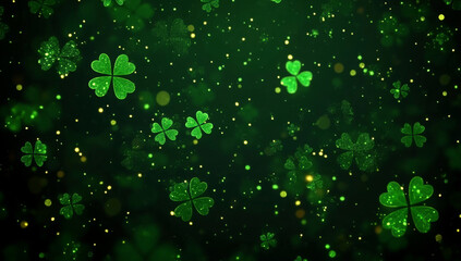 Beautiful Green Leaves Of Three And Four Leaf Clover Bokeh Light With Glitter Dust Background For St Patrick's Day