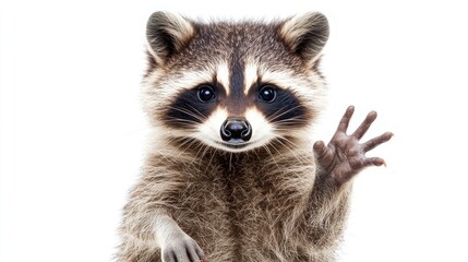 Obraz premium Cheerful Raccoon Portrait: Adorable Animal Making Peace Gesture Against White Background