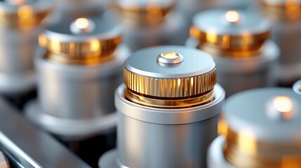 Close-up of metallic cylinders, glowing tops, industrial background, technology concept